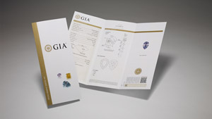 GIA Colored Diamond Grading Report with main components of the report on display and colored diamonds on the front cover.