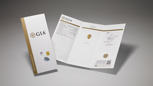 GIA Colored Diamond Identification & Origin Report with main components of the report on display and colored diamonds on the front cover.