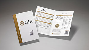 GIA Diamond Dossier with main components of the report on display and round brilliant cut diamond on the front cover.