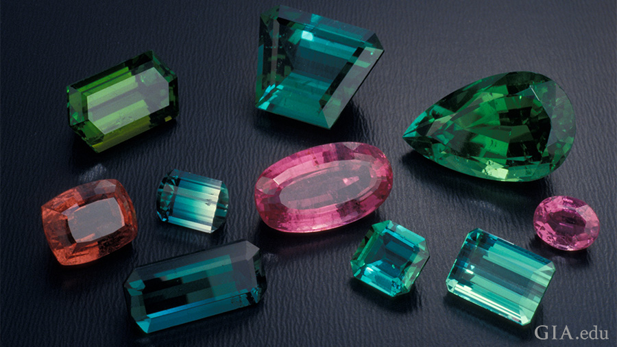  Blue, green, pink, and orange tourmaline in different cuts display the multi-colors found in the October birthstone. 