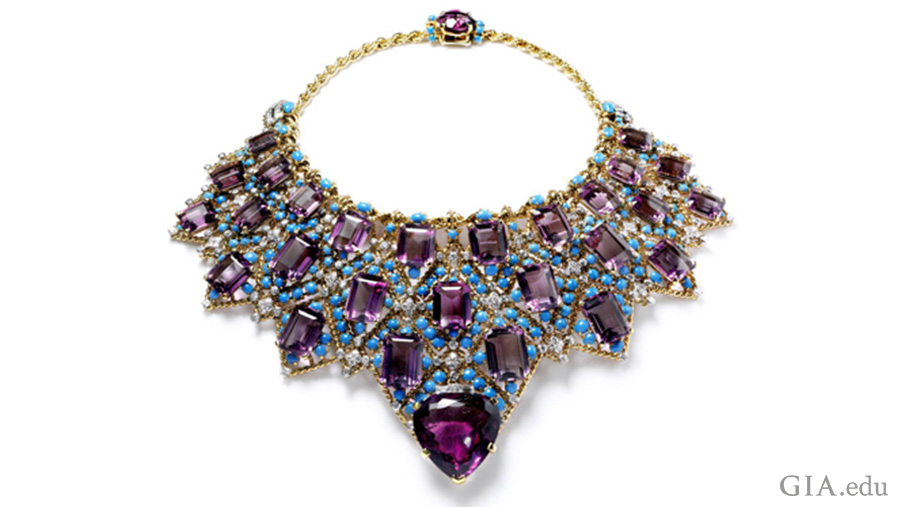 The Duchess of Windsor’s amethyst necklace boasts the February birthstone with 28 step-cut amethysts, a large heart-shaped amethyst, turquoise cabochons, and diamonds supported by a gold chain.