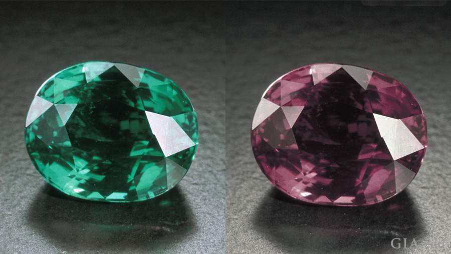 The June birthstone, a 7.19 carat alexandrite from the Tunduru region of Tanzania appears green in flourescent light and purple in incandescent illumination.
