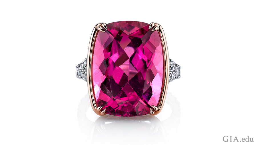 A 15.16 carat pink tourmaline and diamond ring set in platinum and white gold boasts the October birthstone.