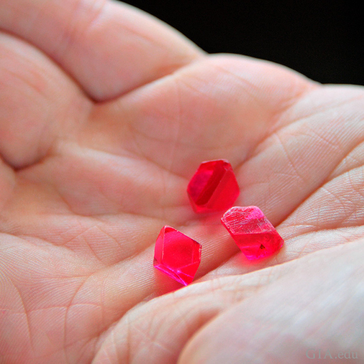 Hand holding hot pink spinel crystals, the August birthstone, in Man Sin, Myanmar’s Mogok Stone Tract.