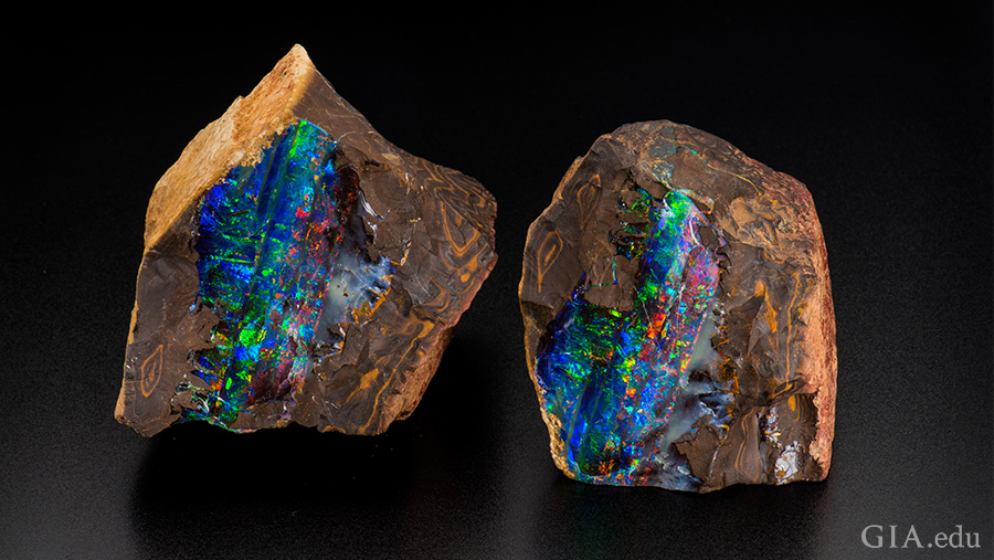 Two pieces of boulder opal from Queensland reveal the bright rainbow colors of the October birthstone.