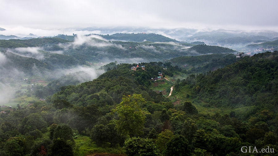 A scenic view of the lush green hills near Mogok rivals the beauty of the sapphires, September’s birthstone, that are hidden underground.