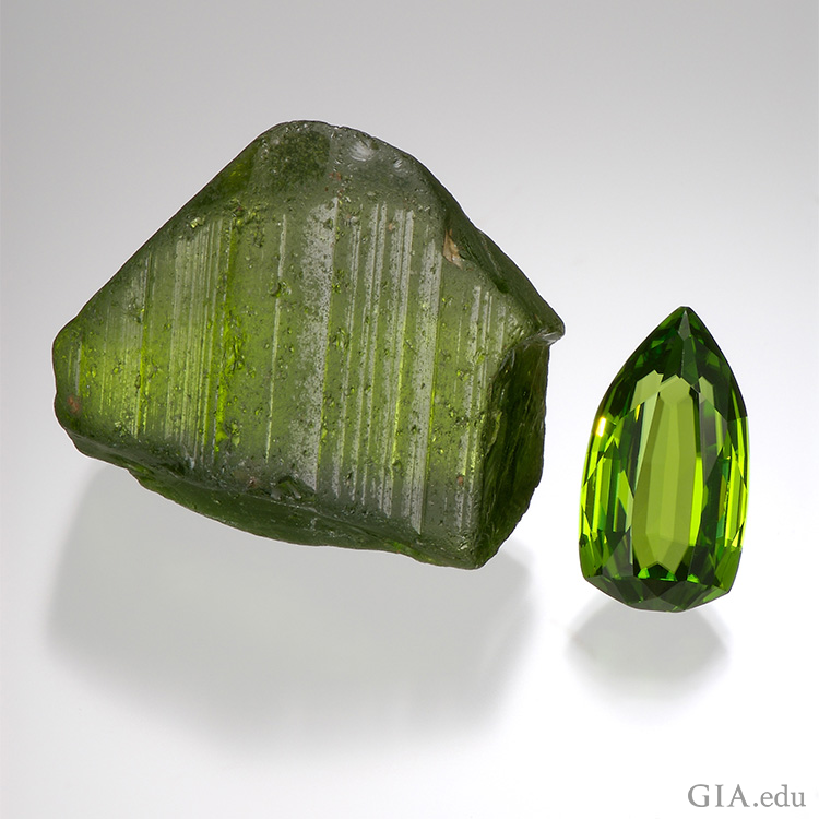 The August birthstone is a pure grass green color shown in a large 364 carat peridot crystal from the historic Red Sea source, Zabargad.