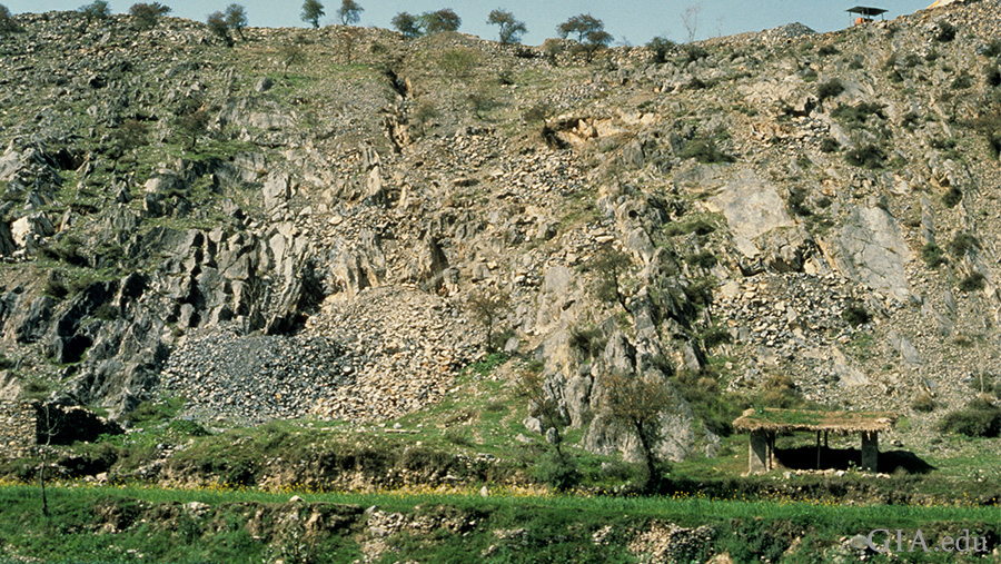 Hillside view in Katlang, Pakistan where the November birthstone, topaz is mined.